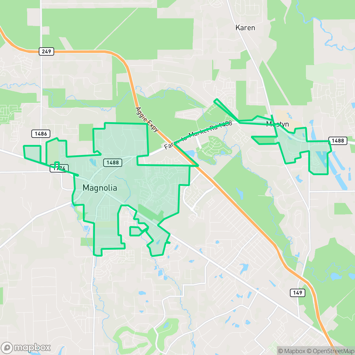 Map showing the location of Magnolia, TX — coverage area