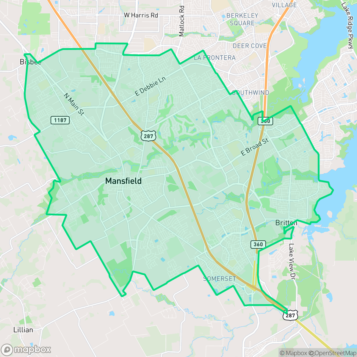 Map showing the location of Mansfield, TX — coverage area