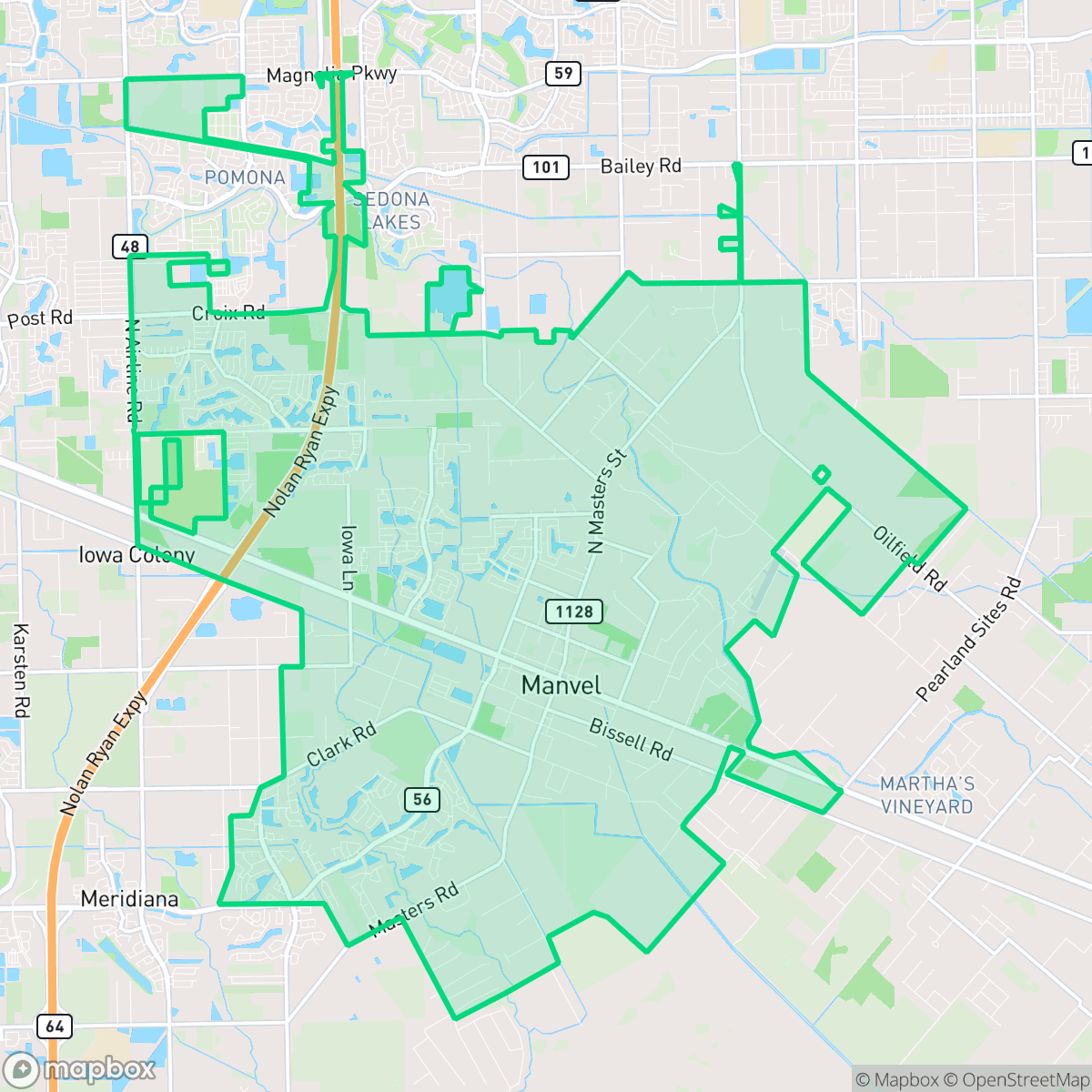 Map showing the location of Manvel, TX — coverage area