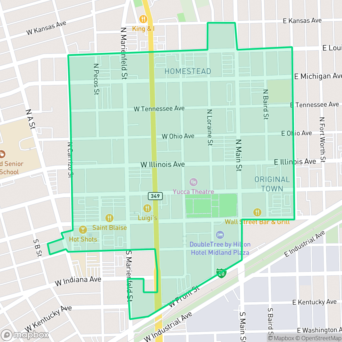 Map showing the location of Downtown Midland Management District, Midland, TX