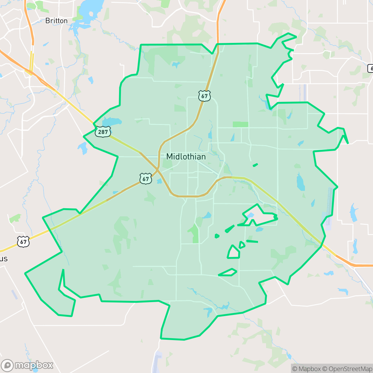 Map showing the location of Midlothian, TX — coverage area