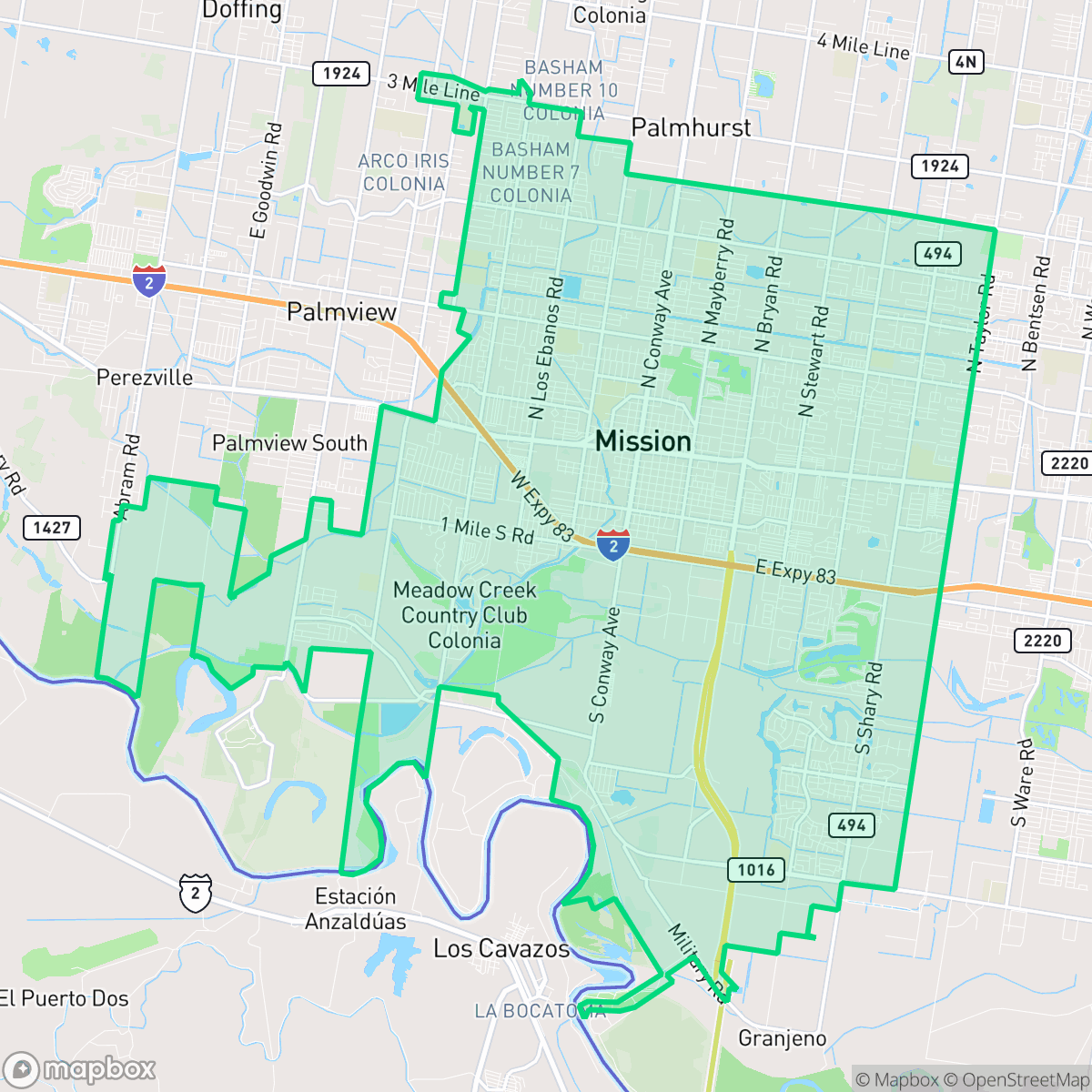 Map showing the location of Mission, TX — coverage area
