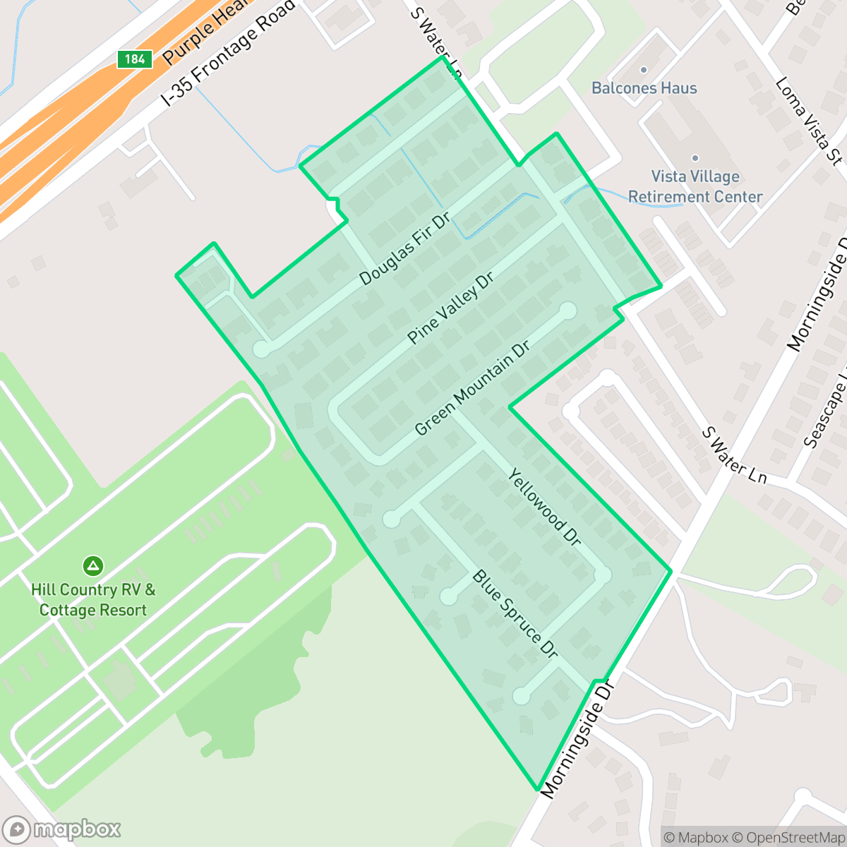 Map showing the location of Evergreen Village, New Braunfels, TX