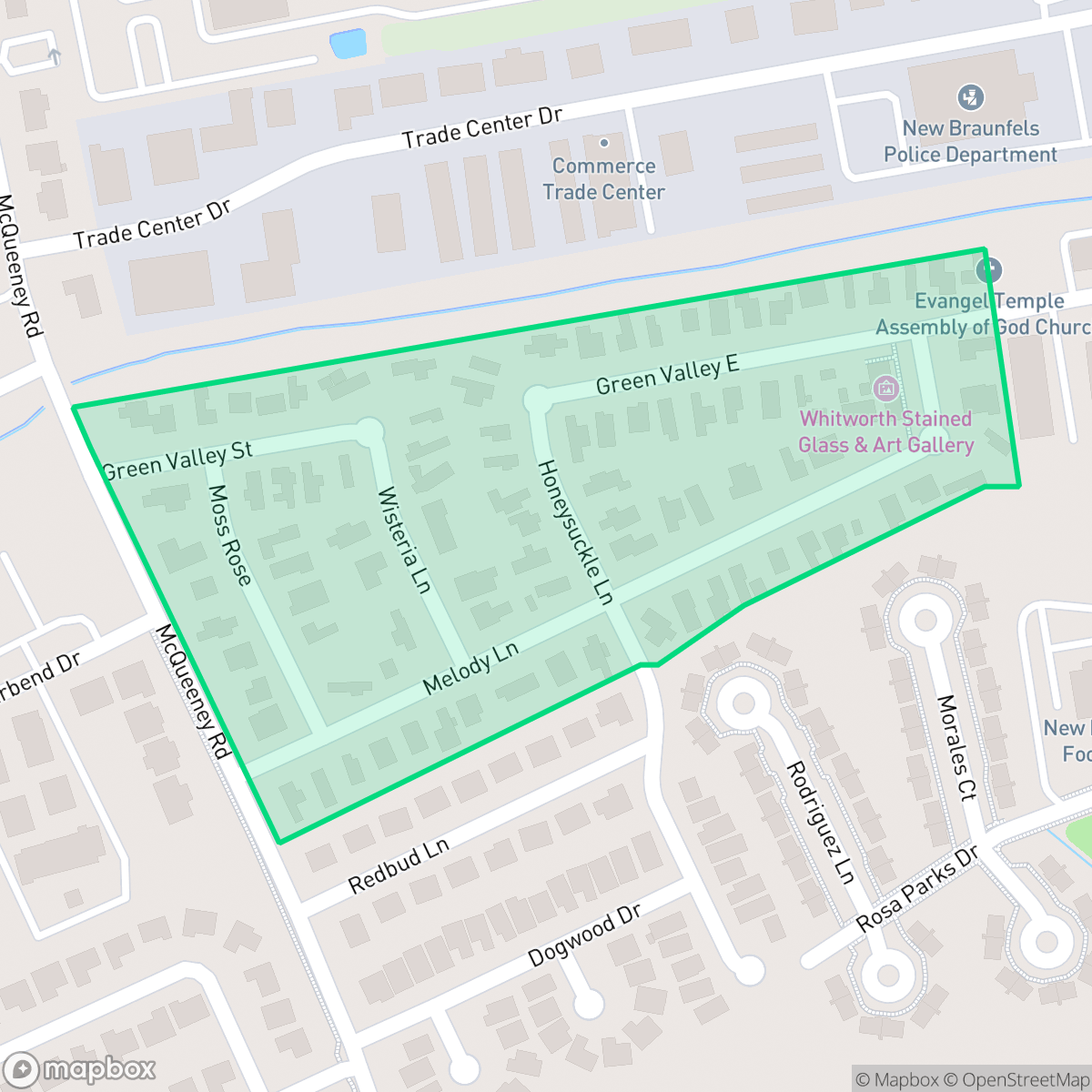 Map showing the location of Green Valley Estates, New Braunfels, TX