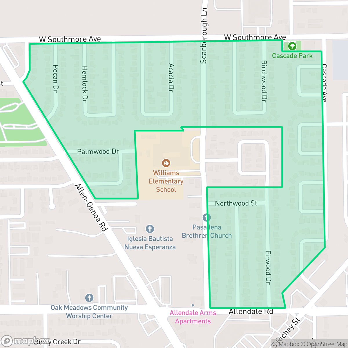 Map showing the location of Southmore Plaza, Pasadena, TX