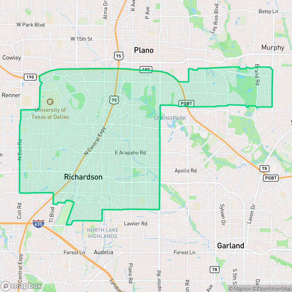 Map showing the location of Richardson, TX — coverage area