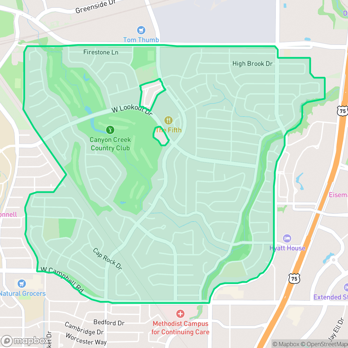 Map showing the location of Canyon Creek, Richardson, TX