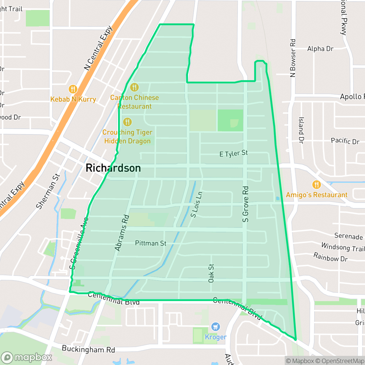 Map showing the location of Highland Terrace, Richardson, TX