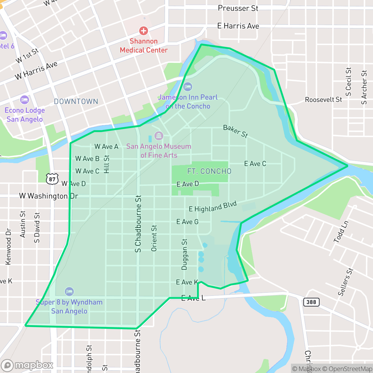Map showing the location of Fort Concho, San Angelo, TX