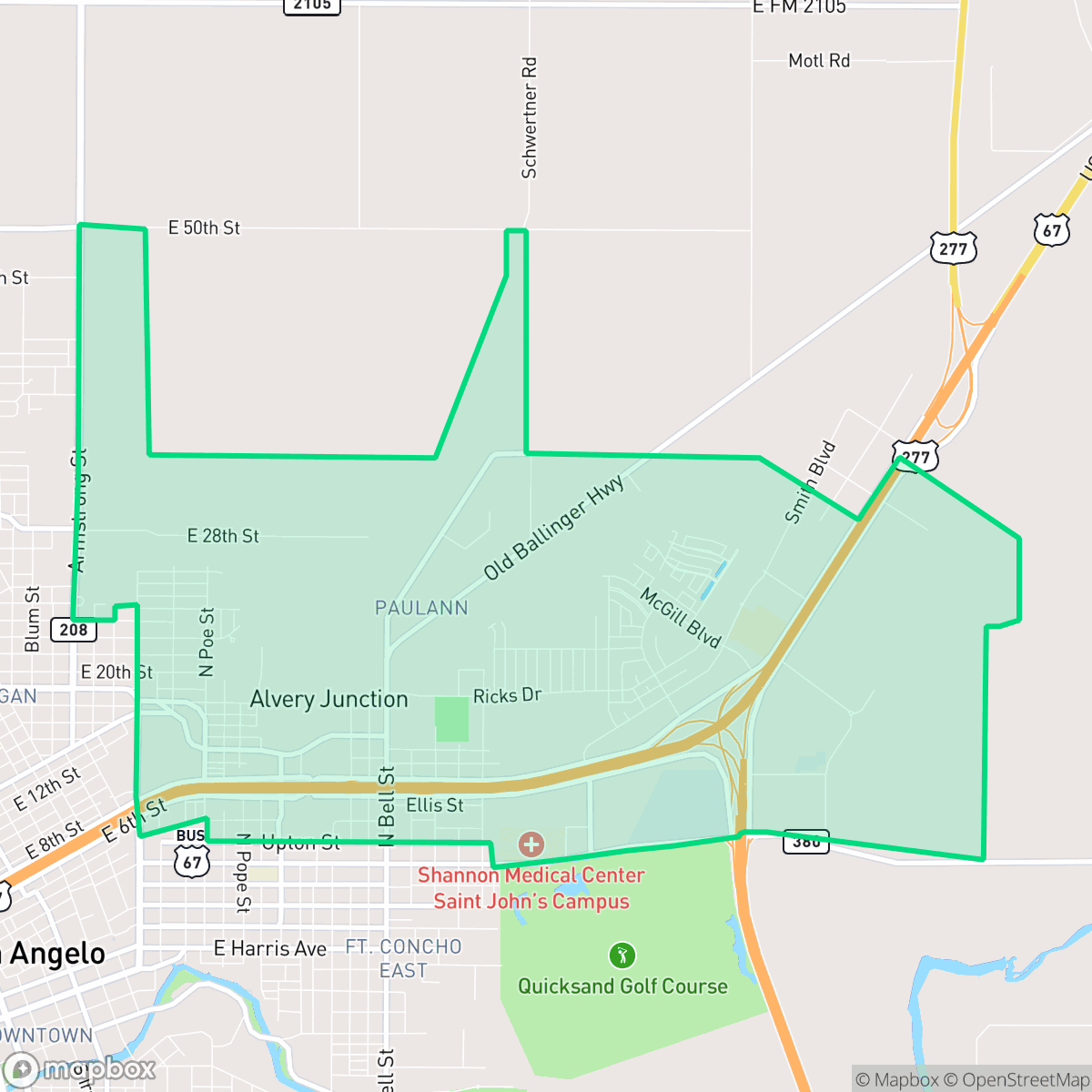 Map showing the location of PaulAnn, San Angelo, TX