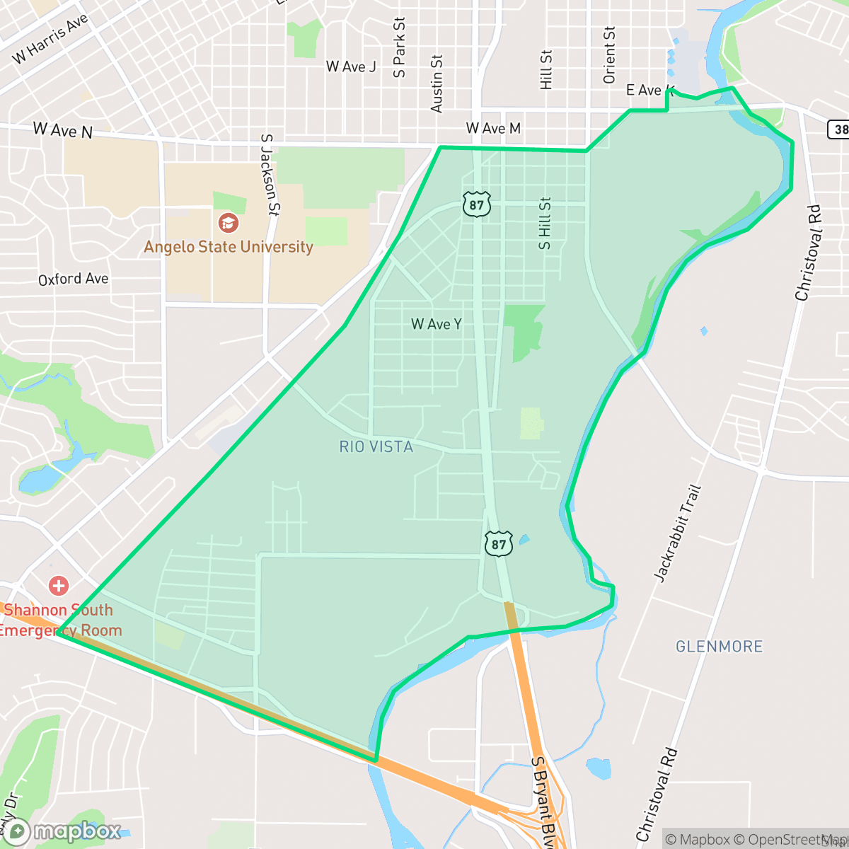 Map showing the location of Rio Vista, San Angelo, TX