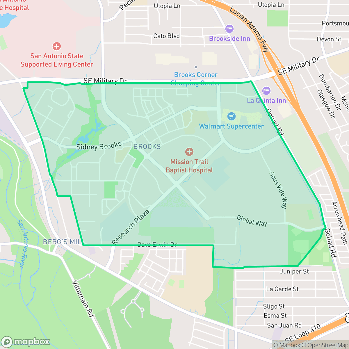 Map showing the location of Brooks, San Antonio, TX