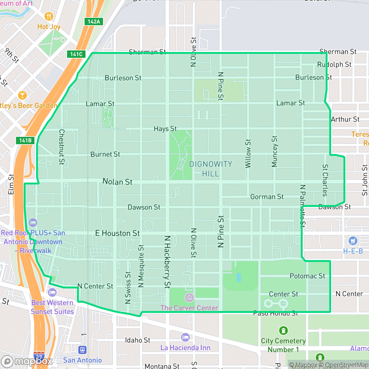 Map showing the location of Dignowity Hill, San Antonio, TX