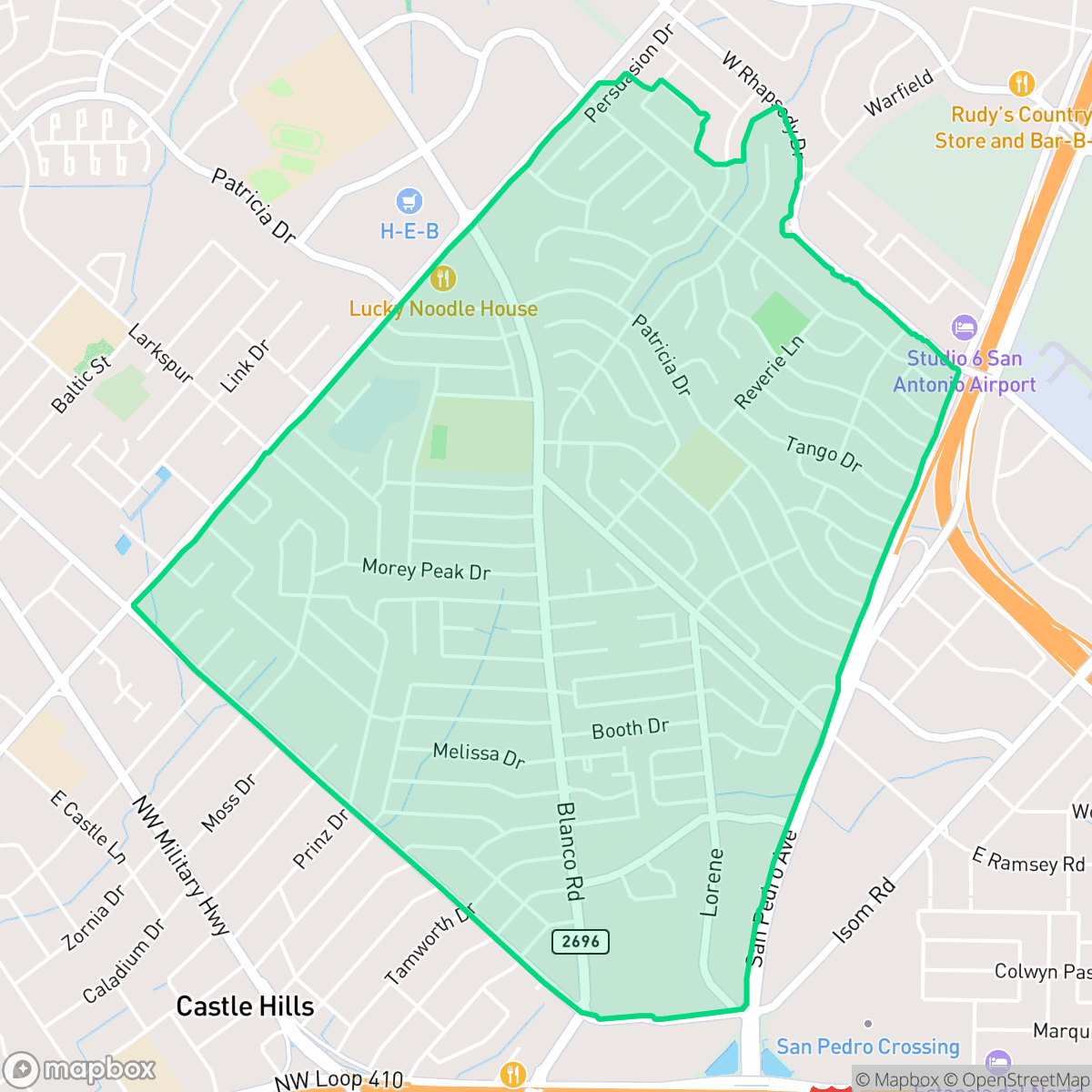 Map showing the location of Greater Harmony Hills, San Antonio, TX