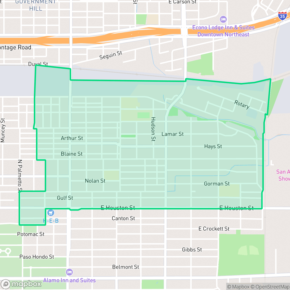 Map showing the location of Harvard Place - Eastlawn, San Antonio, TX