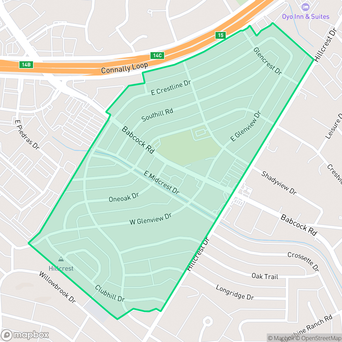 Map showing the location of Hillcrest, San Antonio, TX