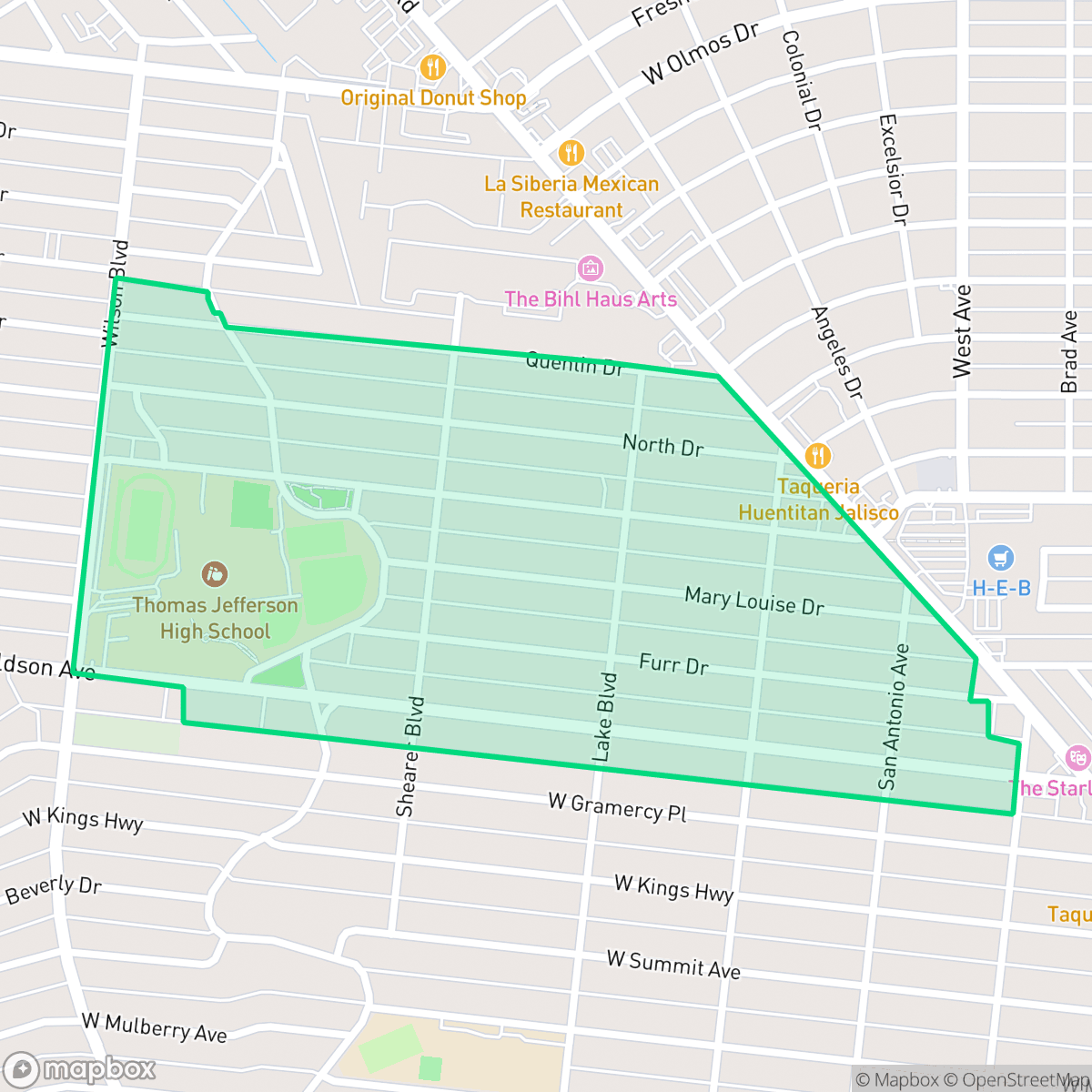 Map showing the location of Jefferson-Monticello Park, San Antonio, TX