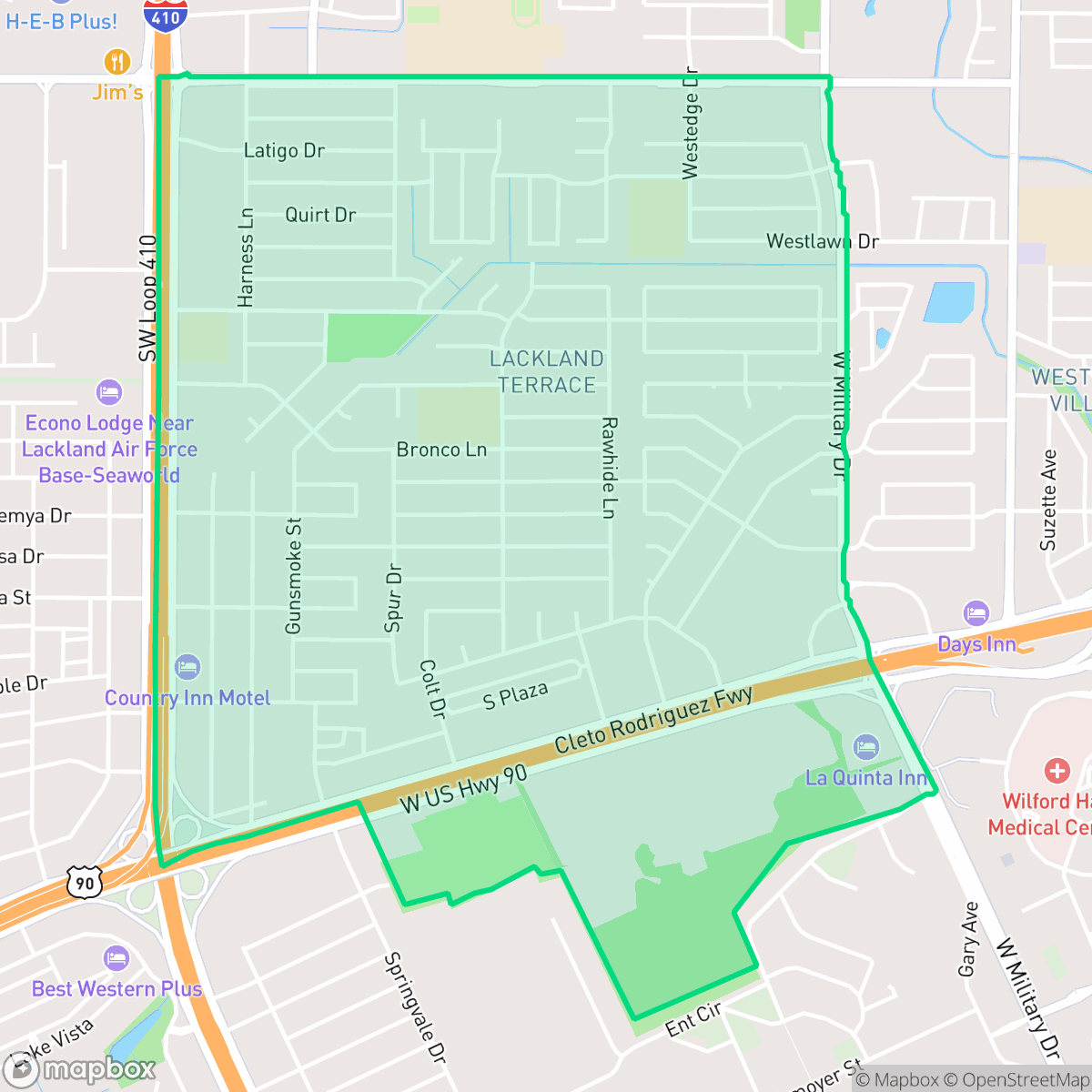 Map showing the location of Lackland Terrace, San Antonio, TX