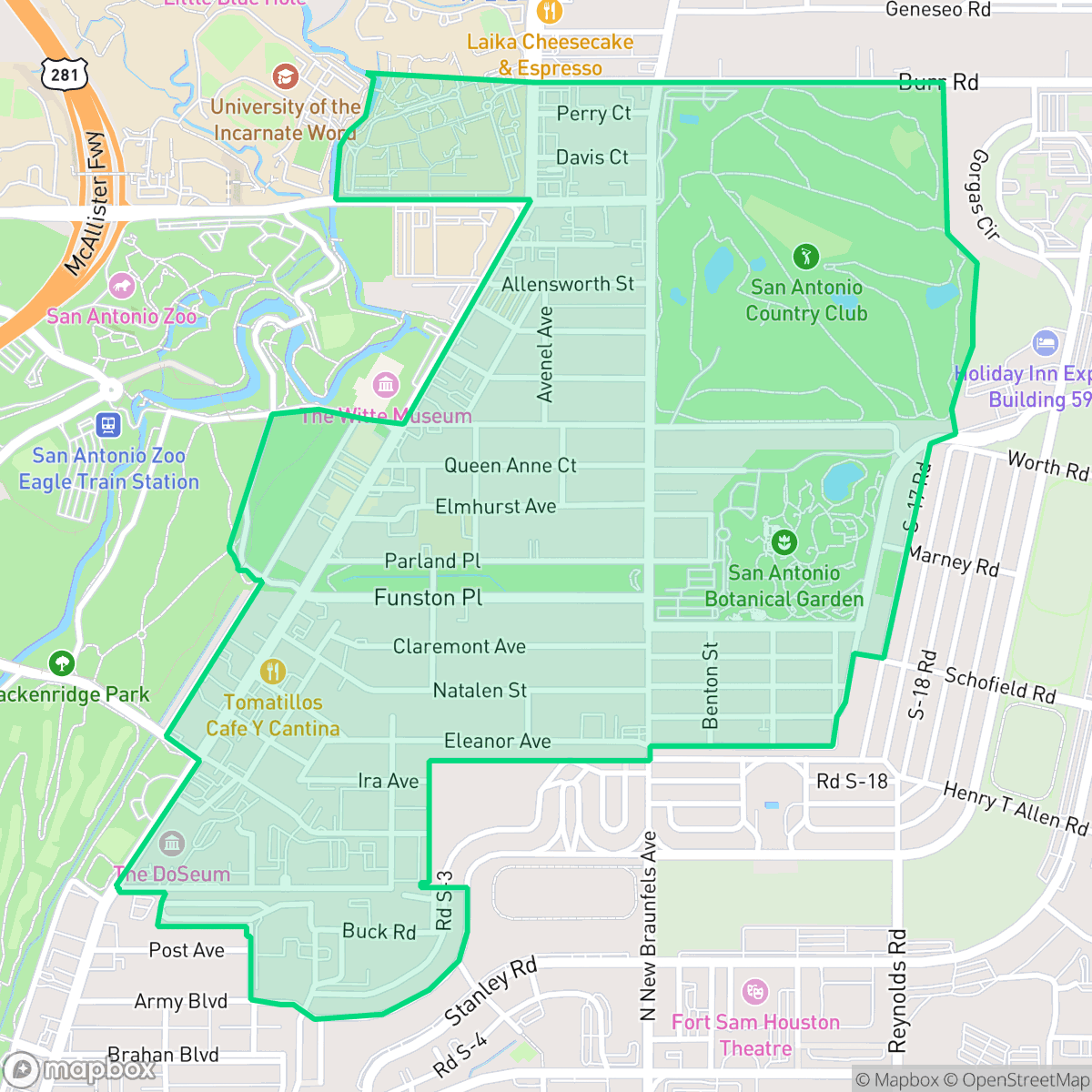 Map showing the location of Mahncke Park, San Antonio, TX