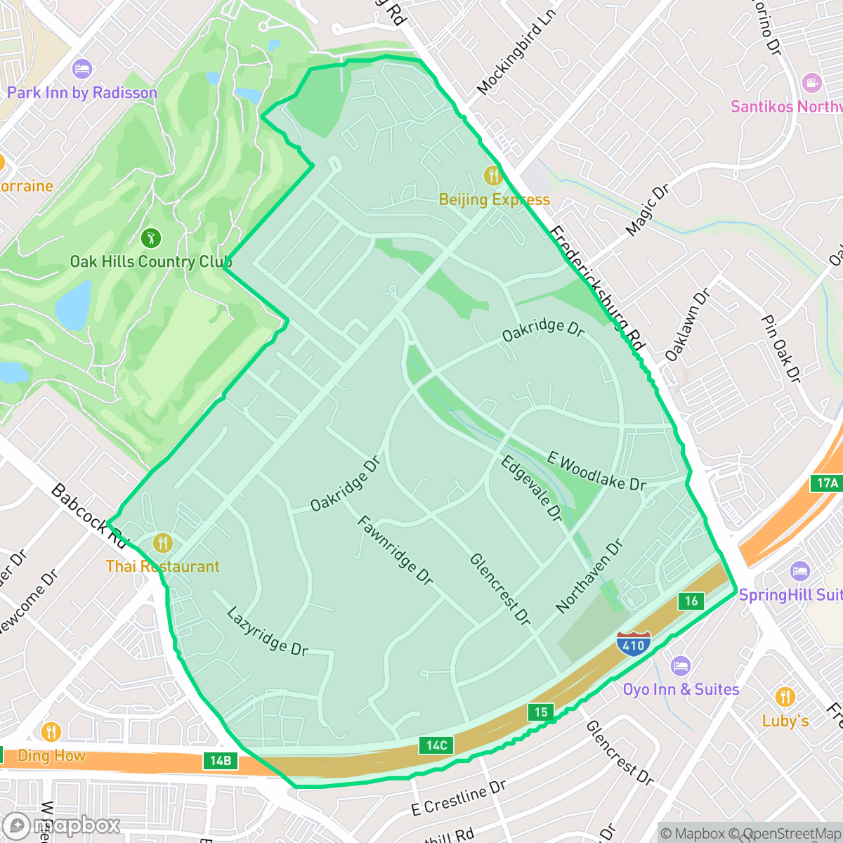 Map showing the location of Oak Hills, San Antonio, TX
