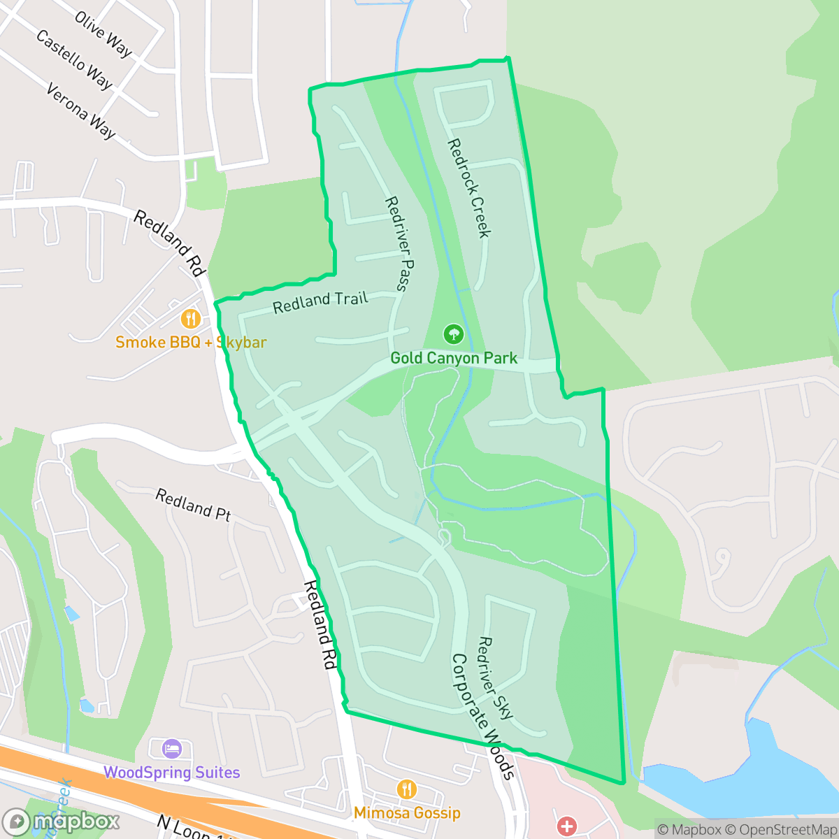 Map showing the location of Redland Woods, San Antonio, TX