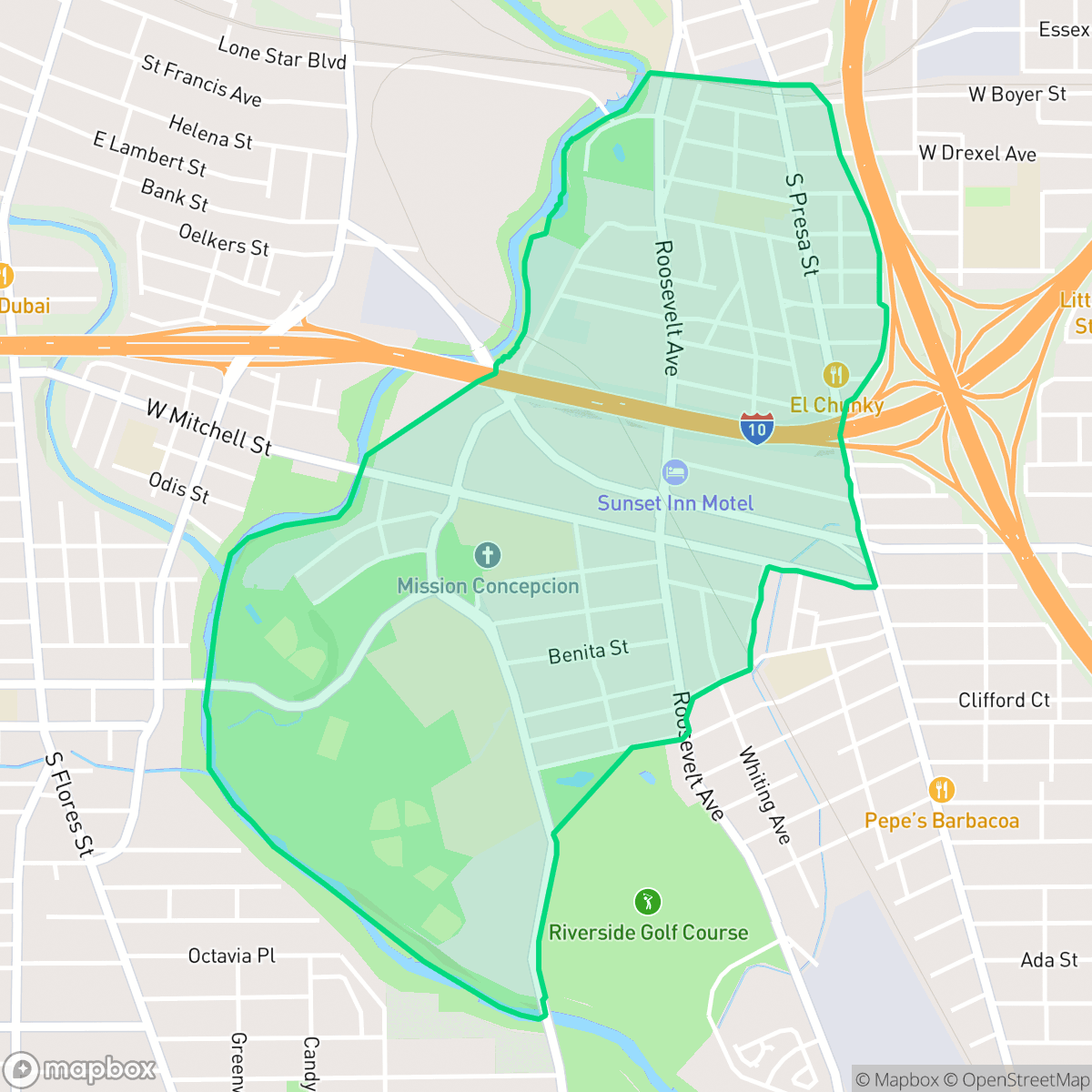 Map showing the location of Roosevelt Park, San Antonio, TX