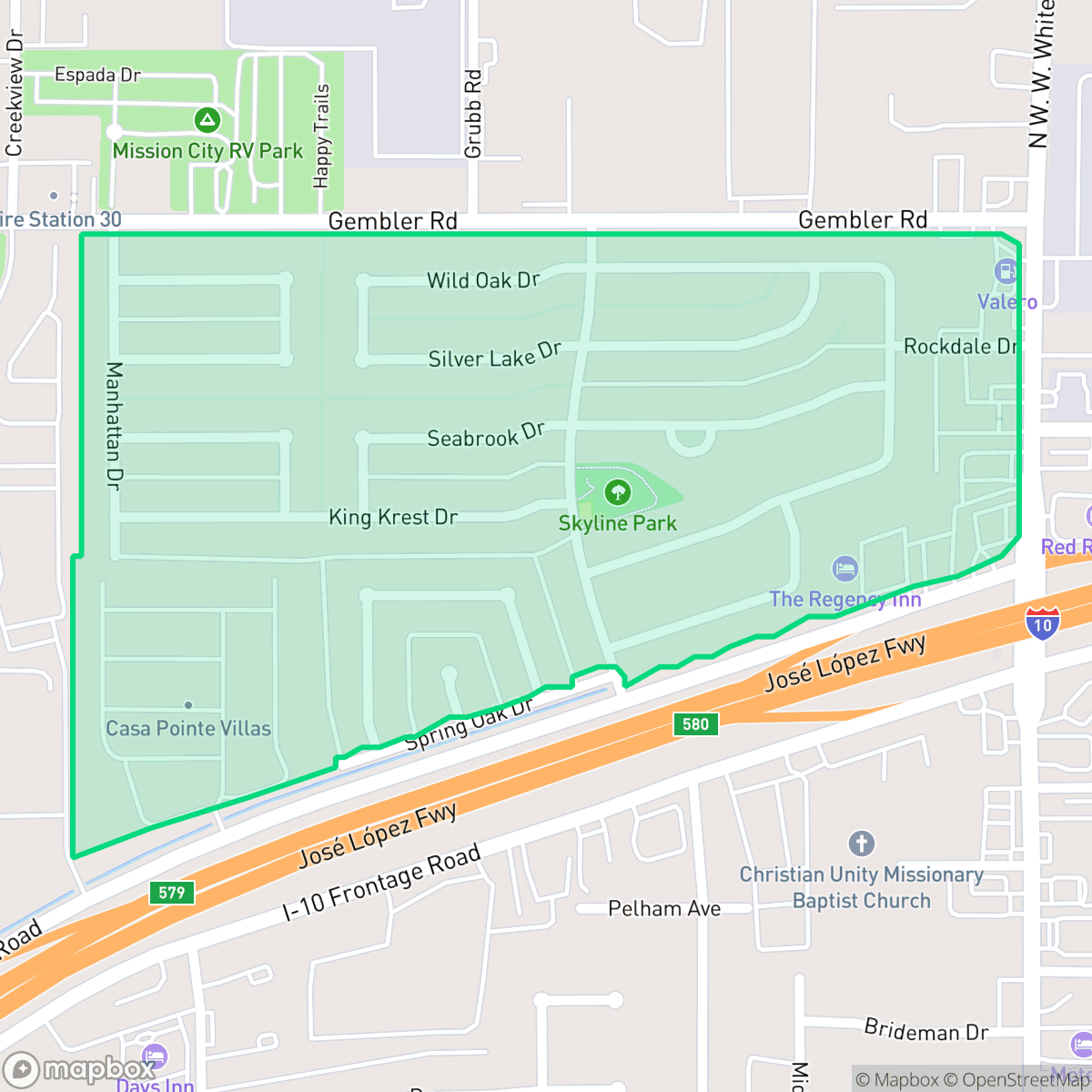 Map showing the location of Skyline Park, San Antonio, TX