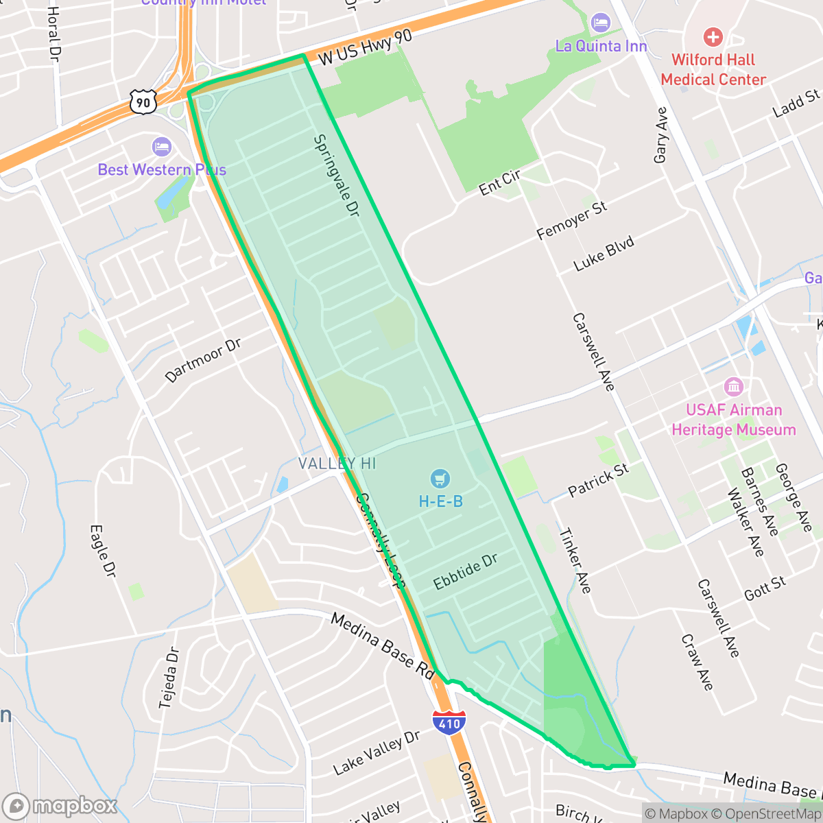 Map showing the location of Springvale, San Antonio, TX