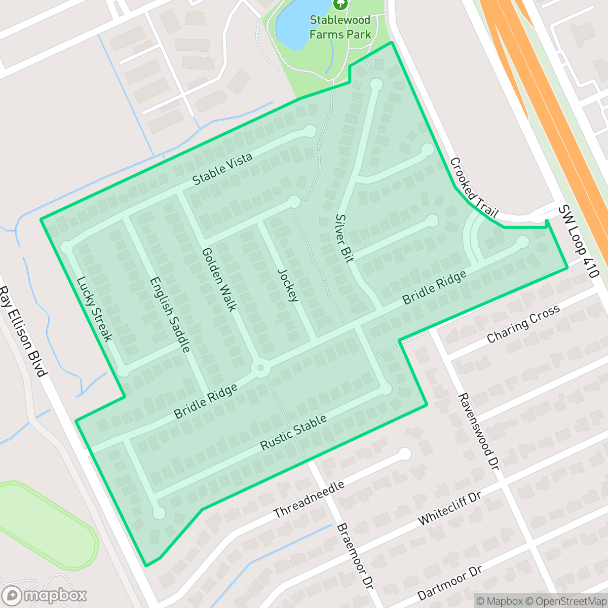 Map showing the location of Stablewood Farms, San Antonio, TX
