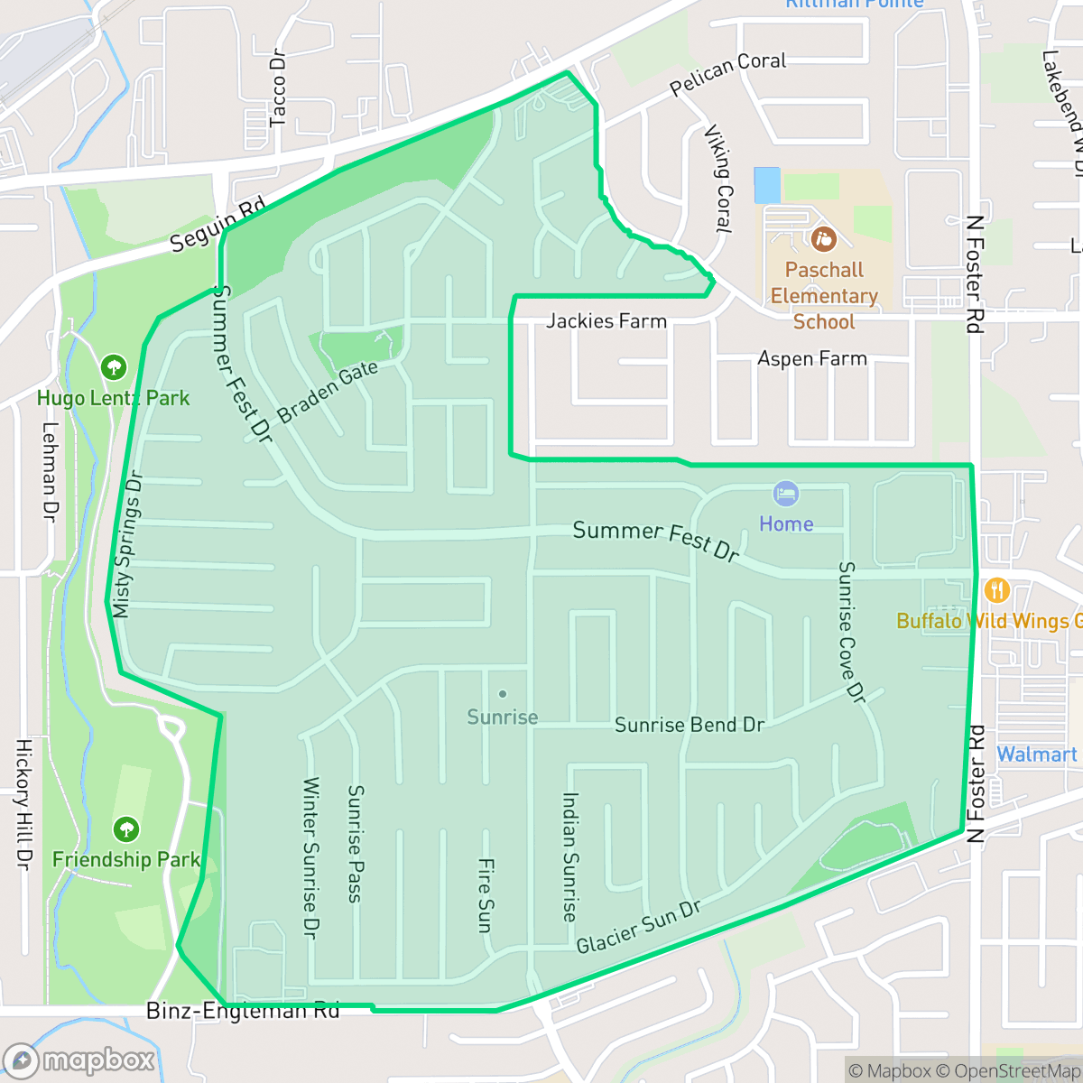 Map showing the location of Sunrise Neighborhood Coalition, San Antonio, TX