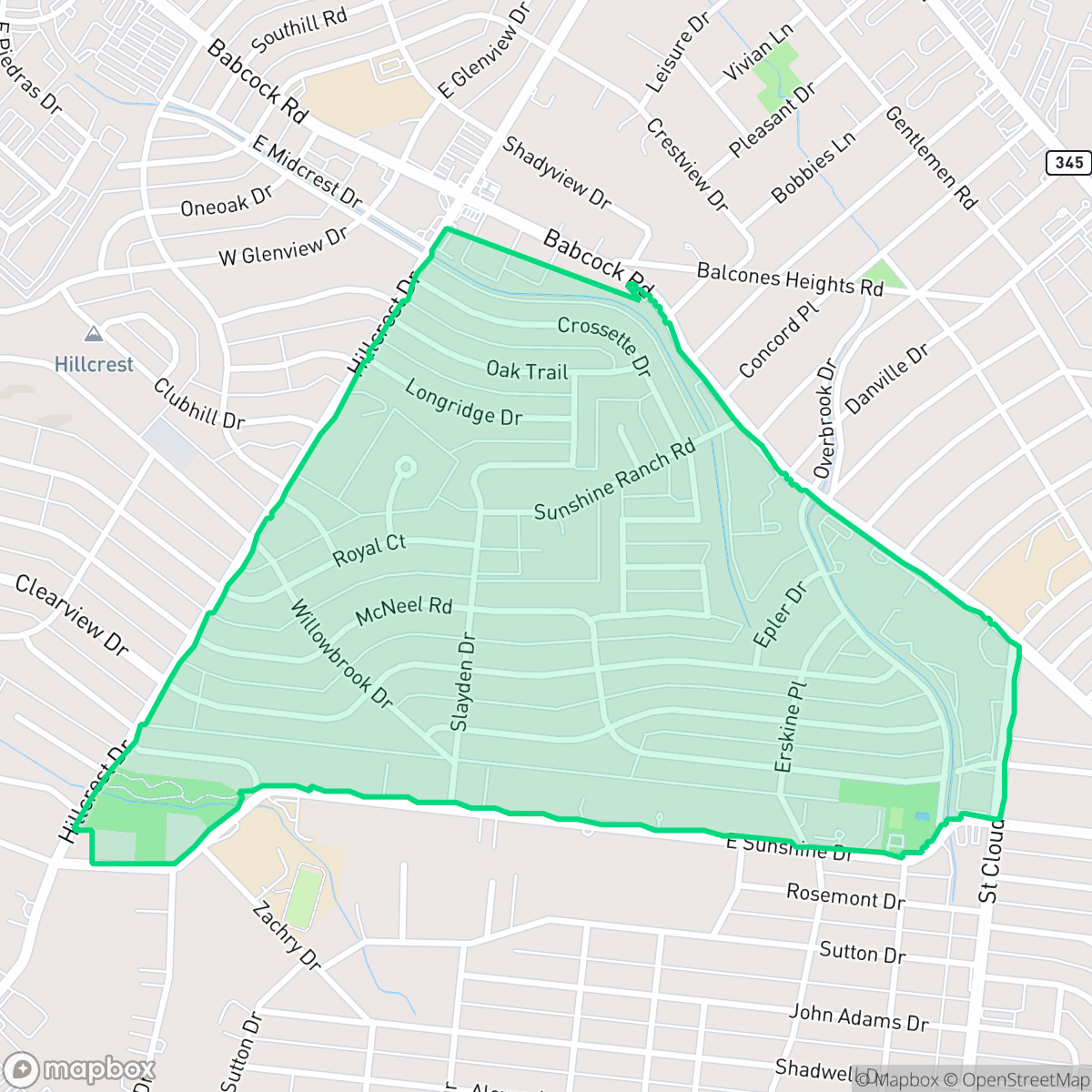 Map showing the location of Sunshine Estates, San Antonio, TX