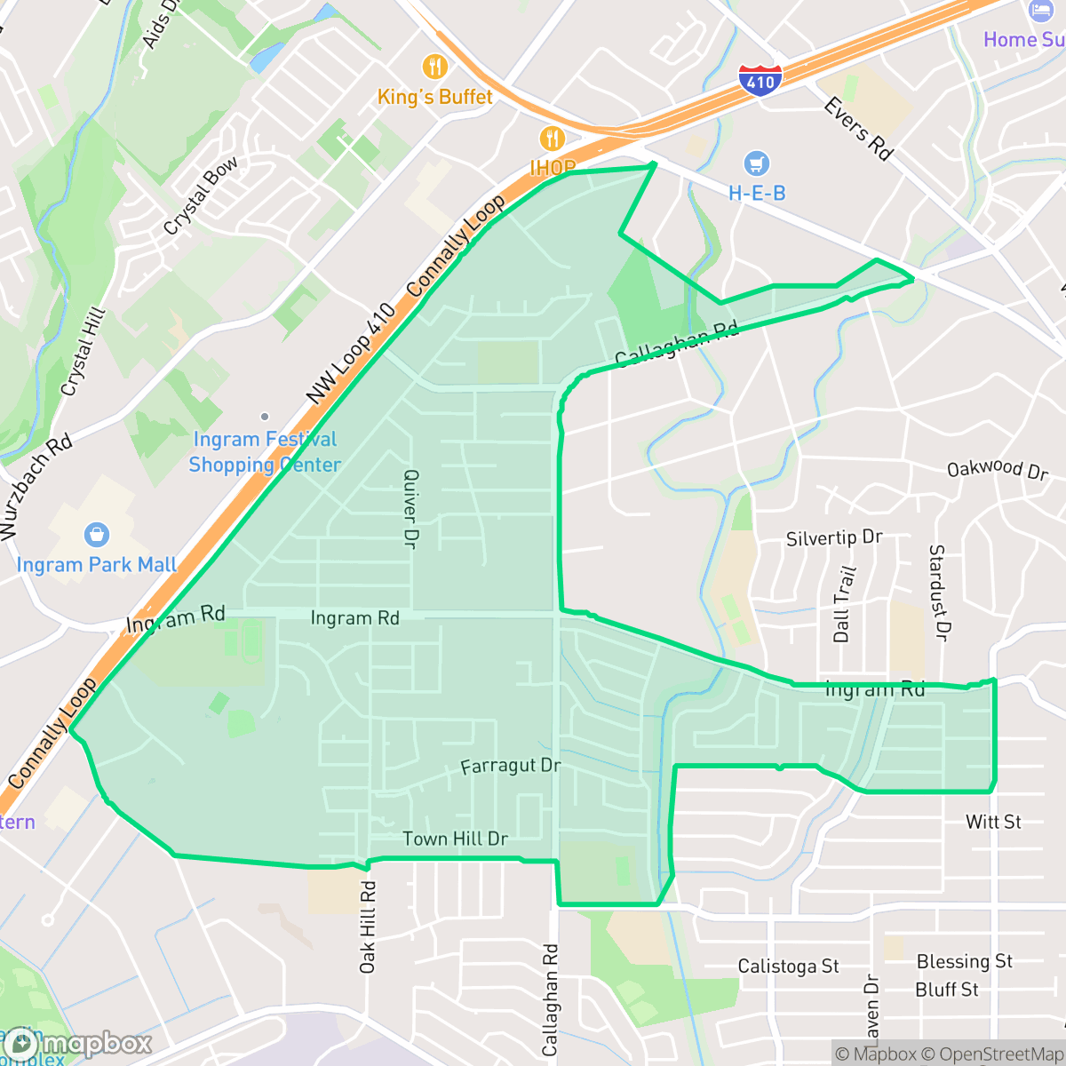 Map showing the location of Thunderbird Hills, San Antonio, TX