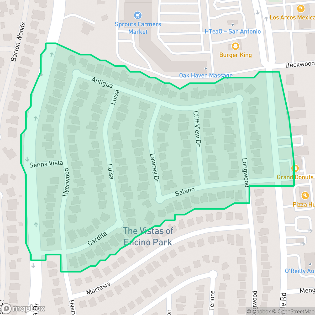 Map showing the location of Vistas of Encino Park, San Antonio, TX