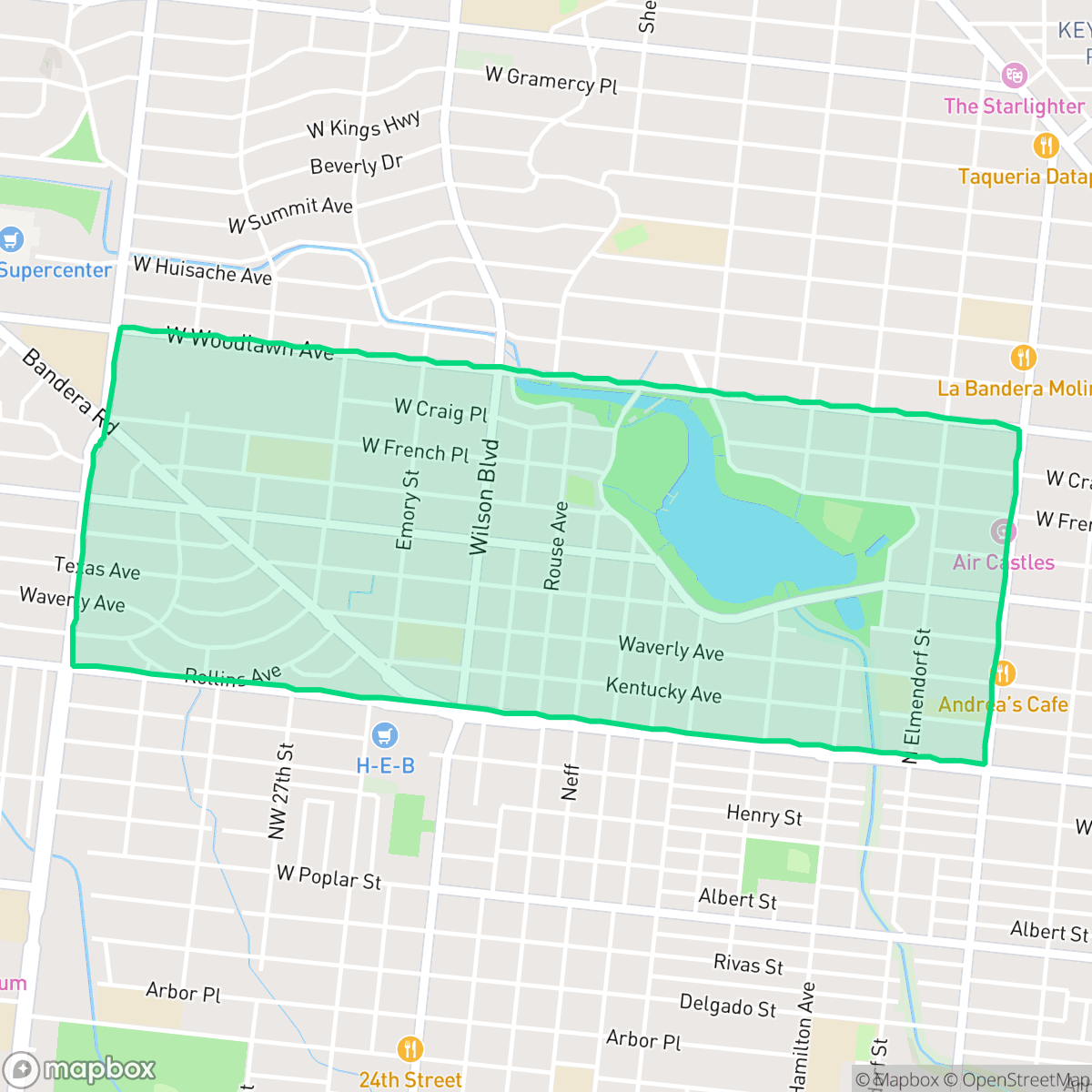 Map showing the location of Woodlawn Lake, San Antonio, TX