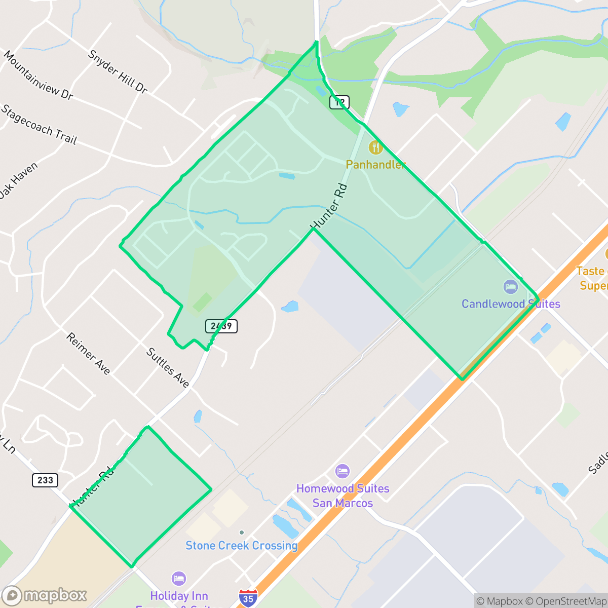Map showing the location of Hunter's Hill, San Marcos, TX