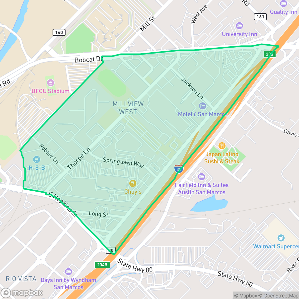 Map showing the location of Millview West, San Marcos, TX