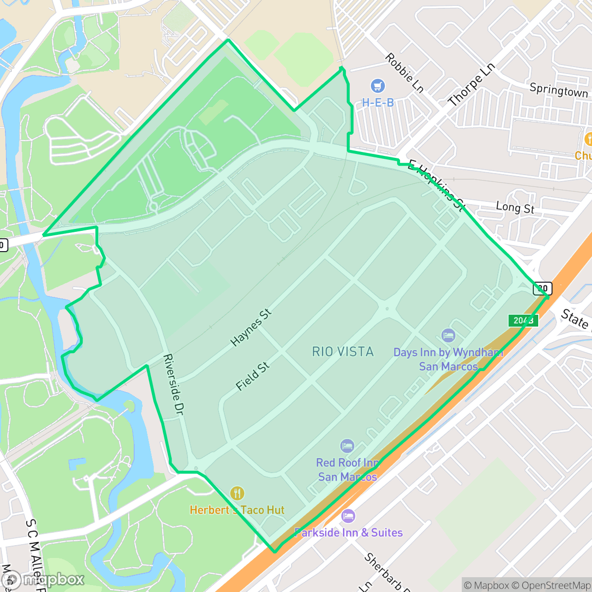 Map showing the location of Rio Vista, San Marcos, TX