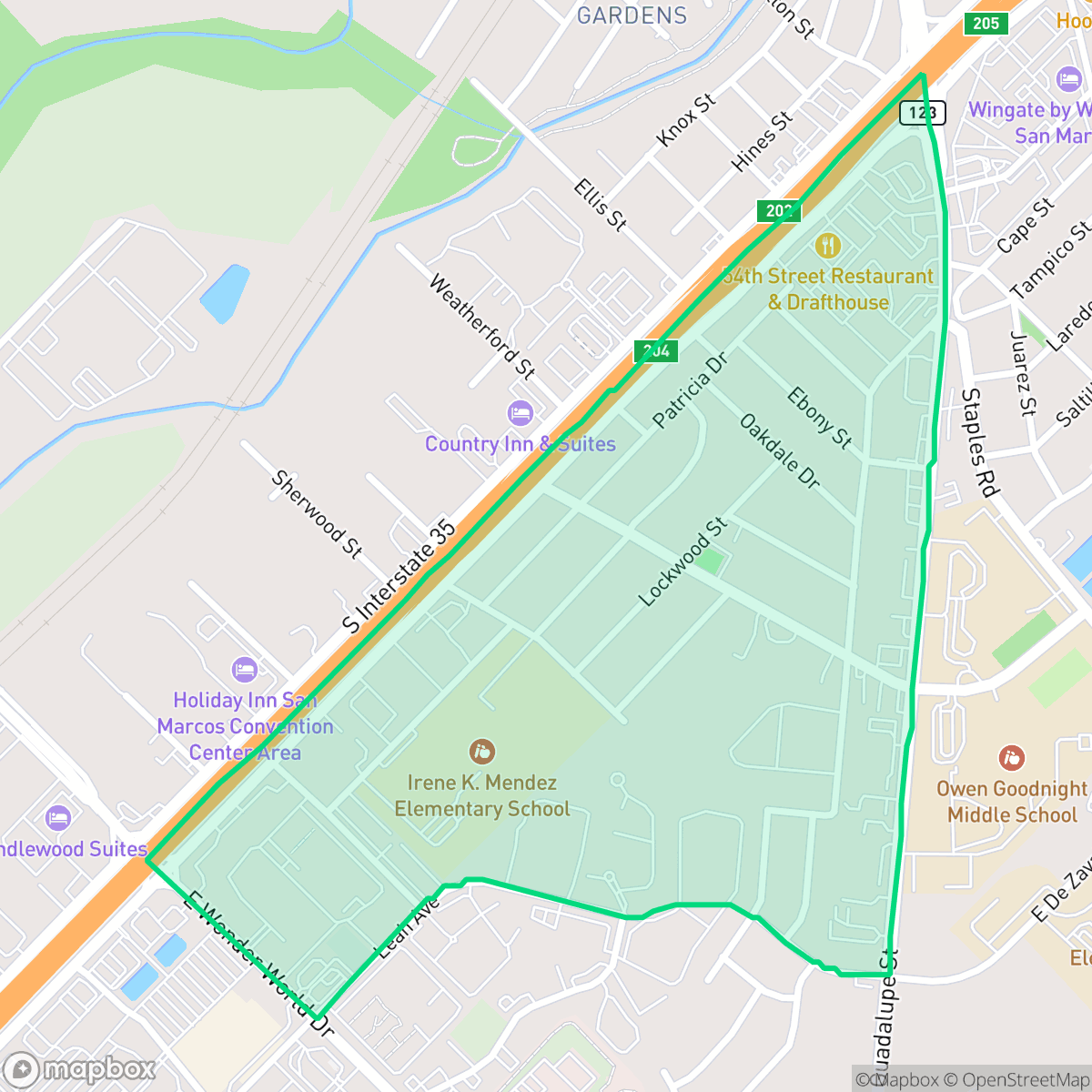 Map showing the location of Sunset Acres, San Marcos, TX