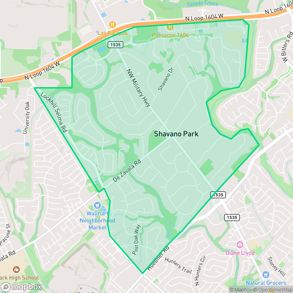 Map showing the location of Shavano Park, TX — coverage area