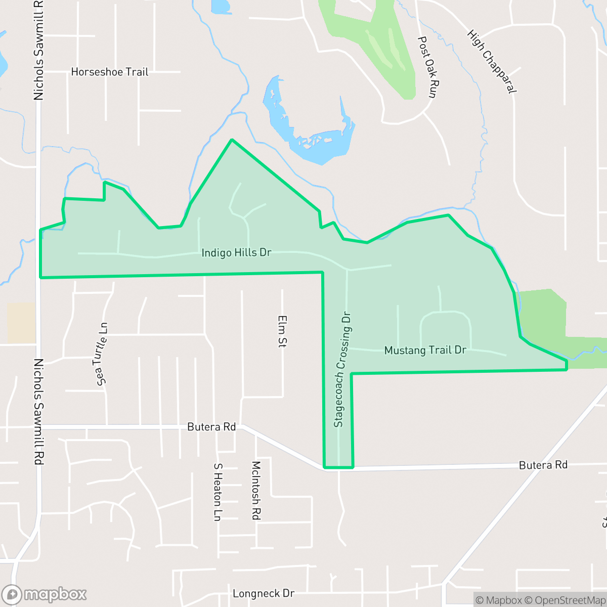 Map showing the location of Indigo Ranch, Stagecoach, TX