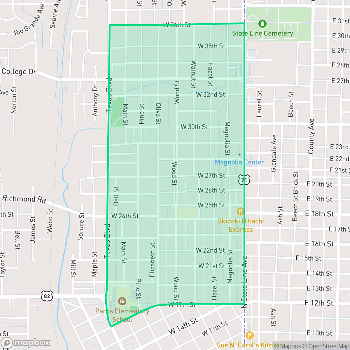Map showing the location of Highland Park, Texarkana, TX