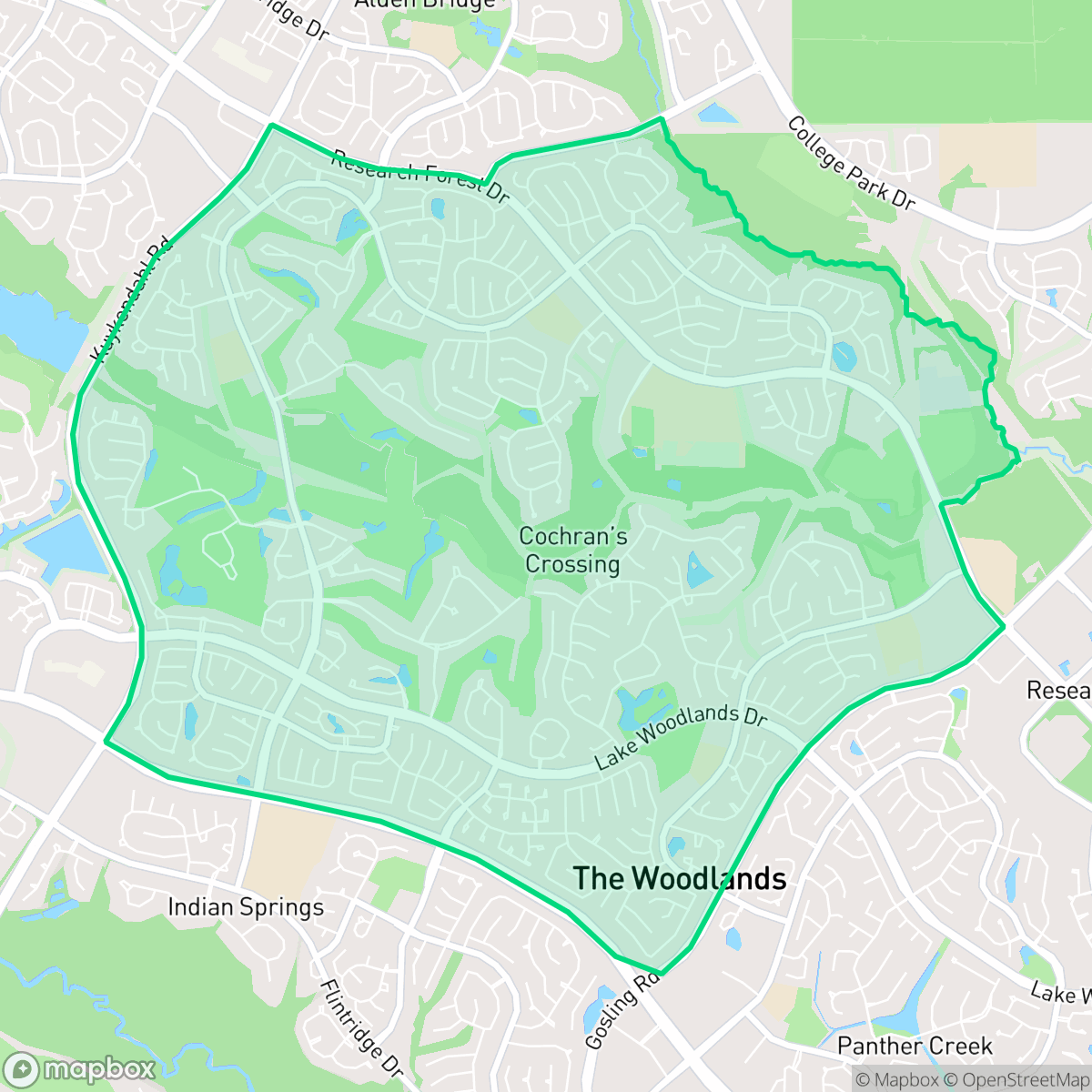 Map showing the location of Cochran's Crossing, The Woodlands, TX