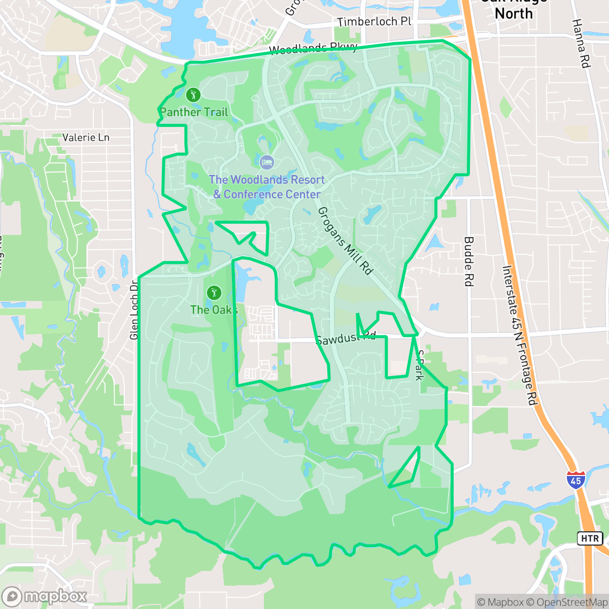 Map showing the location of Grogan's Mill, The Woodlands, TX