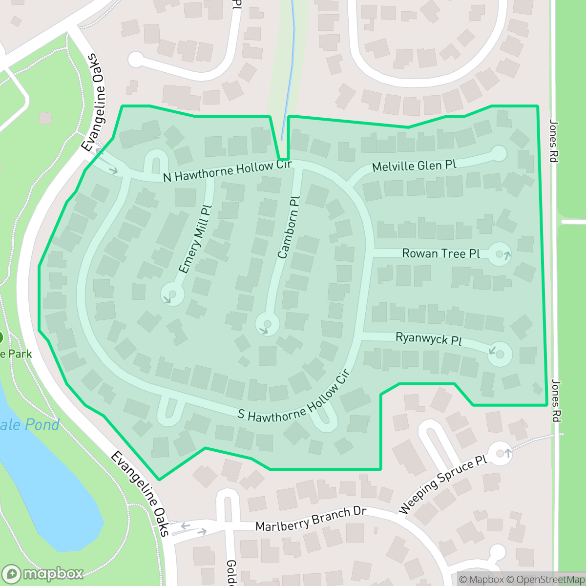 Map showing the location of Hawthorne Hollow, The Woodlands, TX
