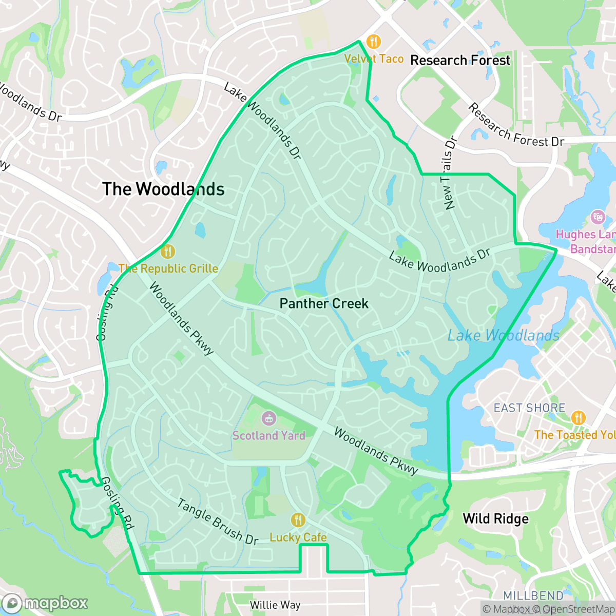 Map showing the location of Panther Creek, The Woodlands, TX