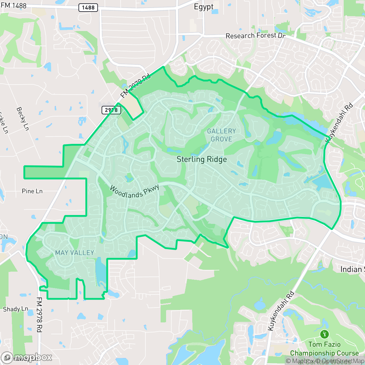 Map showing the location of Sterling Ridge, The Woodlands, TX