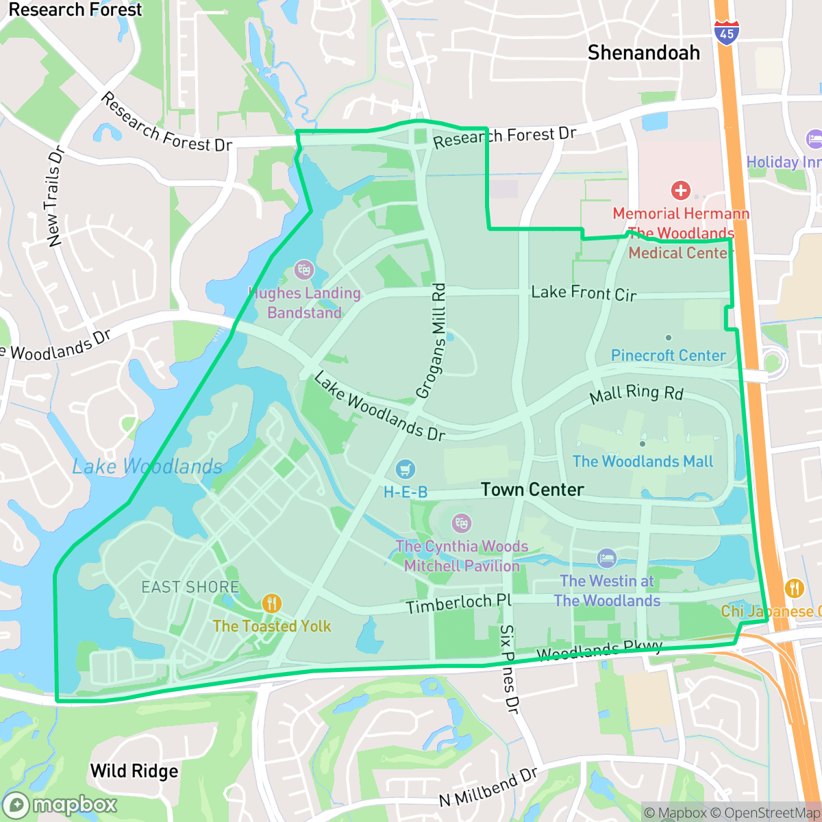 Map showing the location of Town Center, The Woodlands, TX