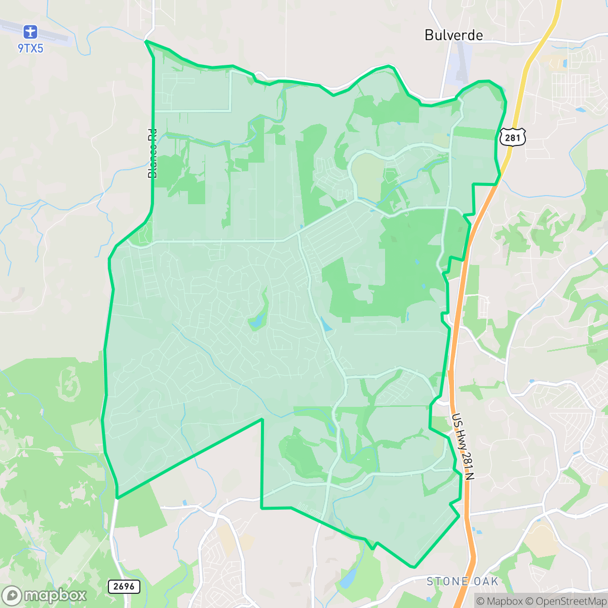 Map showing the location of Timberwood Park, TX — coverage area