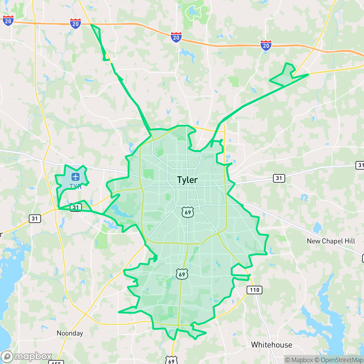 Map showing the location of Tyler, TX — coverage area