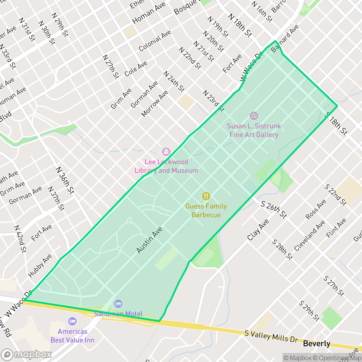 Map showing the location of Austin Avenue, Waco, TX